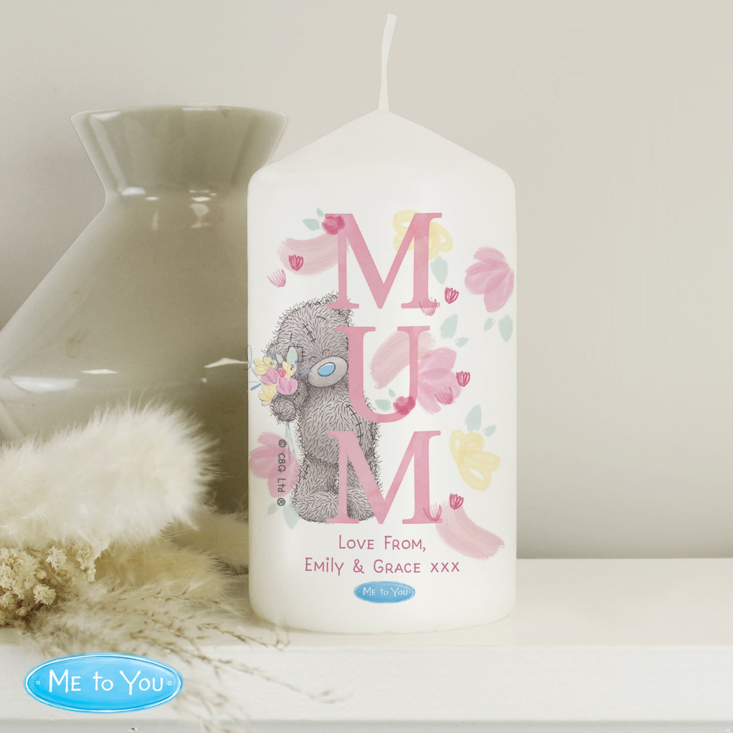Personalised Me to You - MUM Pink Floral Pillar Candle