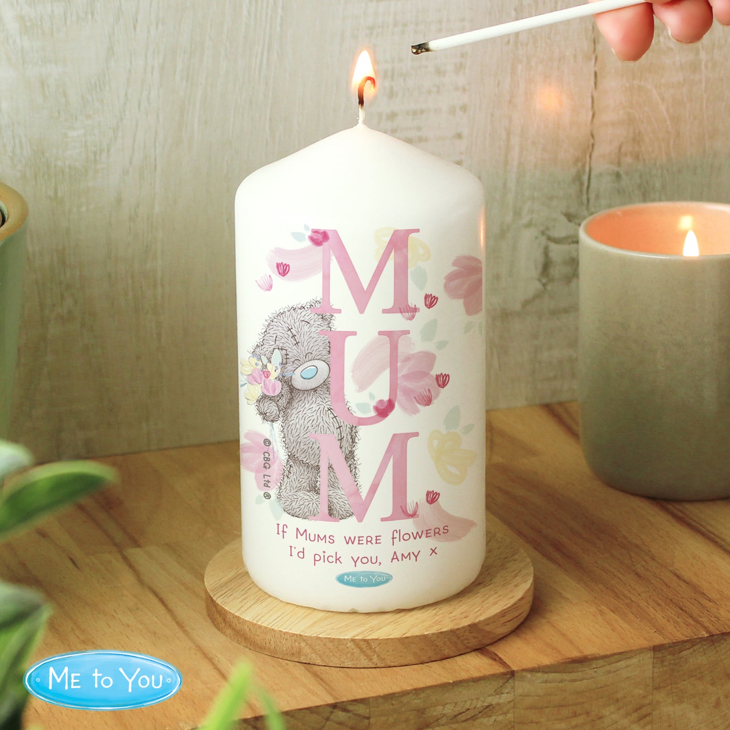 Personalised Me to You - MUM Pink Floral Pillar Candle
