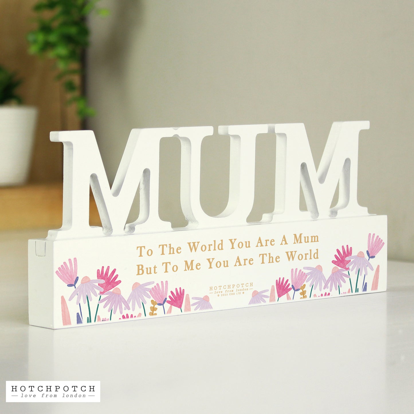 Personalised Mum Pink Wild Flower Wooden Mantel Block Decoration