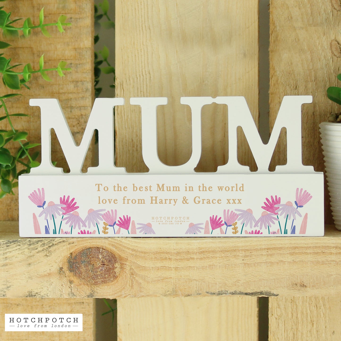 Personalised Mum Pink Wild Flower Wooden Mantel Block Decoration