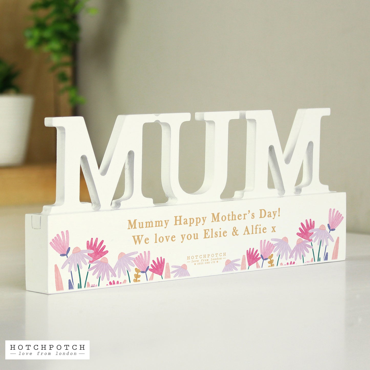 Personalised Mum Pink Wild Flower Wooden Mantel Block Decoration