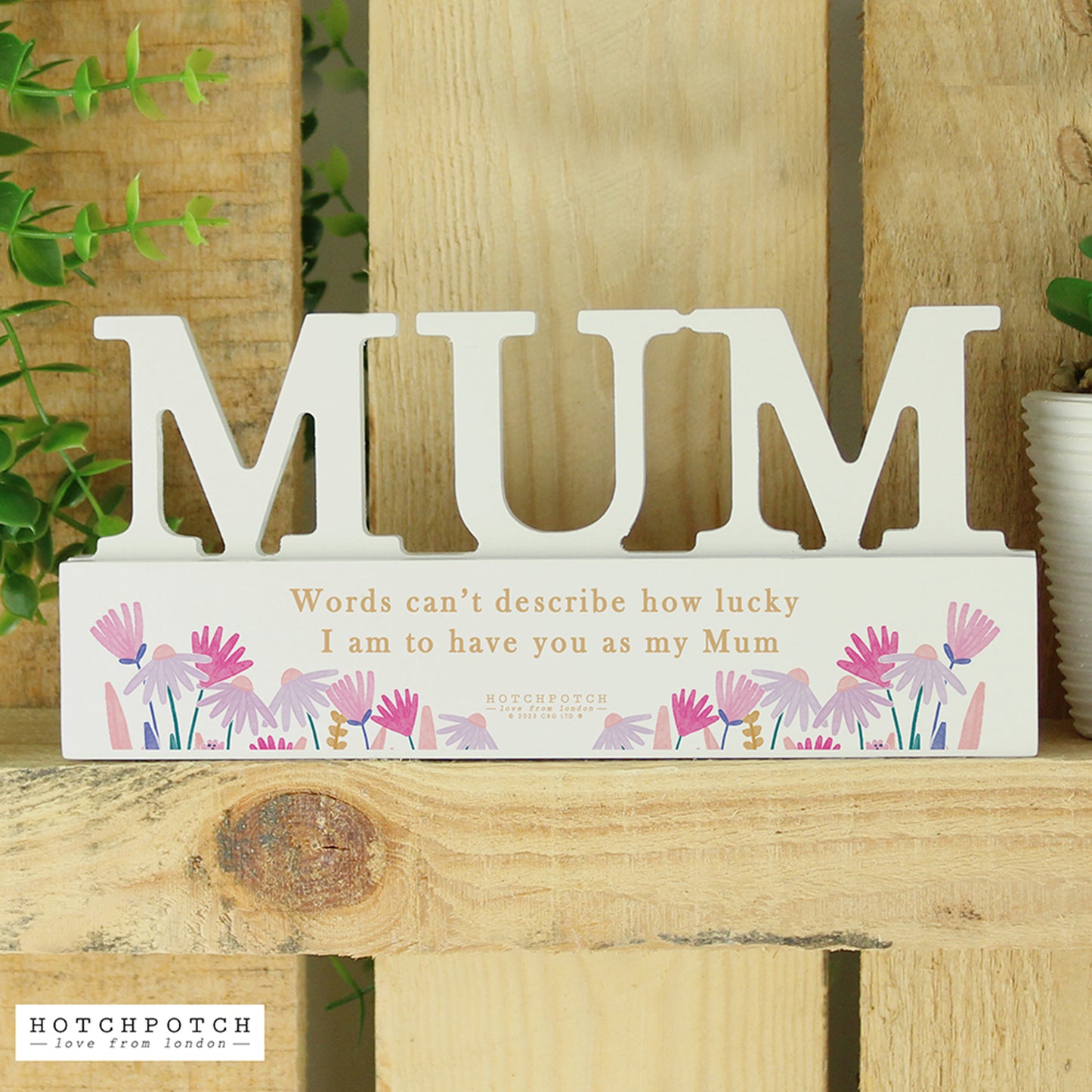 Personalised Mum Pink Wild Flower Wooden Mantel Block Decoration