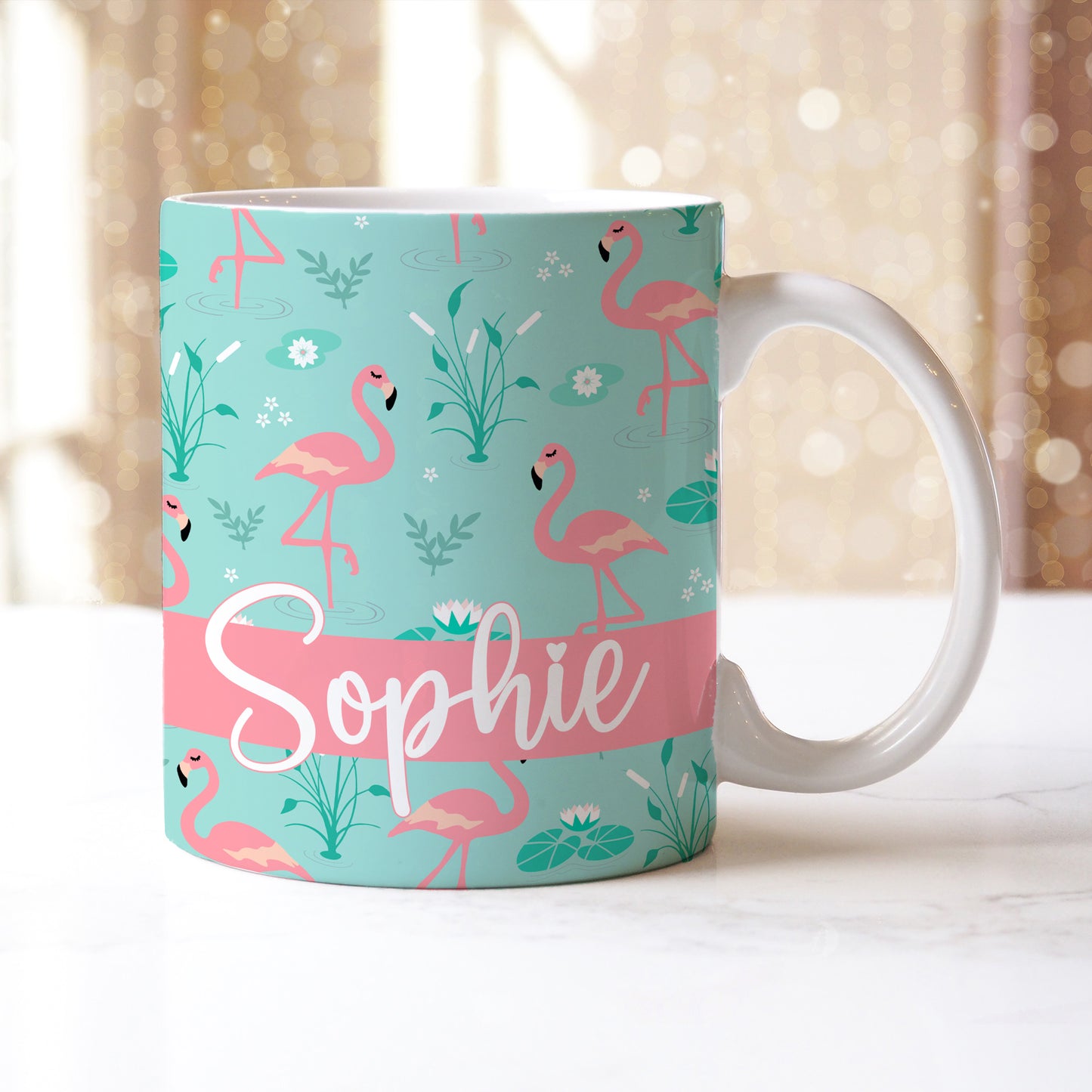 Personalised Name Blue Pink Fancy Flamingos Ceramic Mug