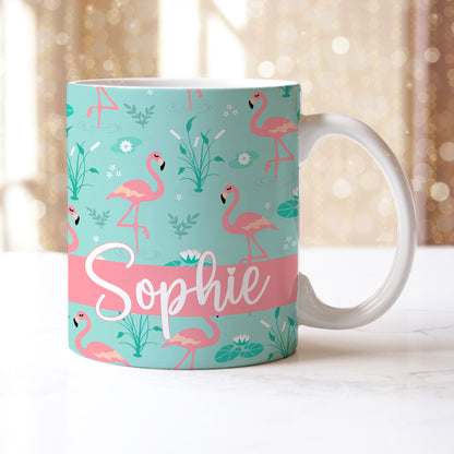 Personalised Name Blue Pink Fancy Flamingos Ceramic Mug