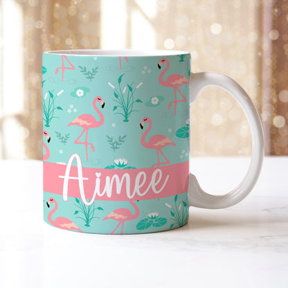 Personalised Name Blue Pink Fancy Flamingos Ceramic Mug