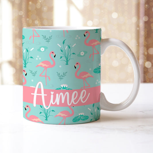 Personalised Name Blue Pink Fancy Flamingos Ceramic Mug