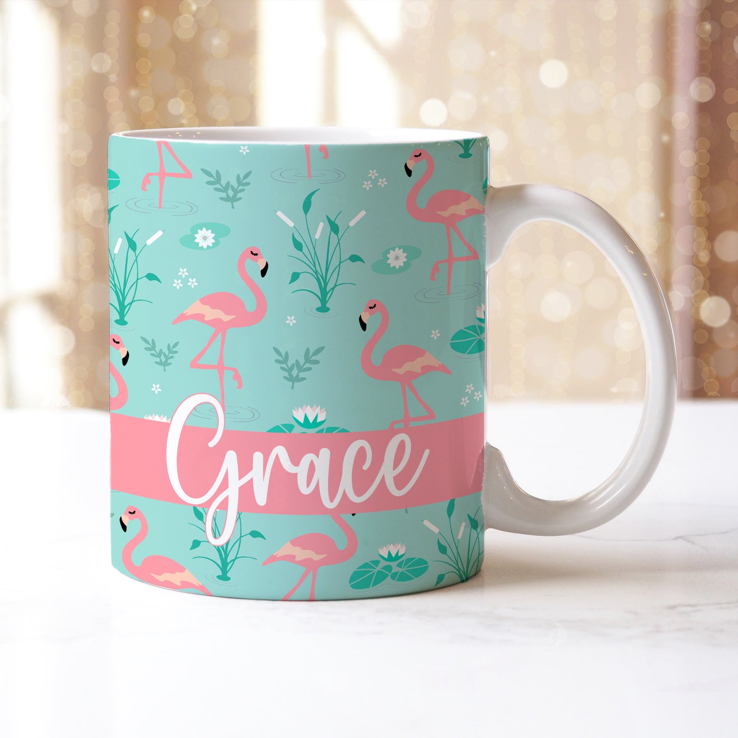 Personalised Name Blue Pink Fancy Flamingos Ceramic Mug