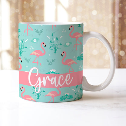 Personalised Name Blue Pink Fancy Flamingos Ceramic Mug
