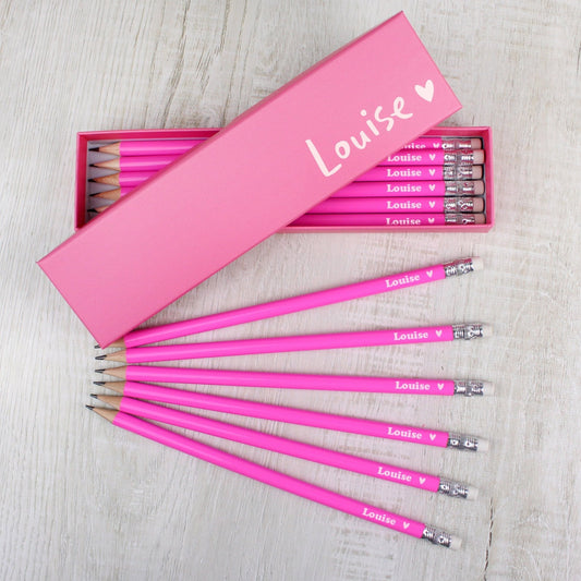 Personalised Name Heart Box and 12 Pink HB Rubber Top Pencils