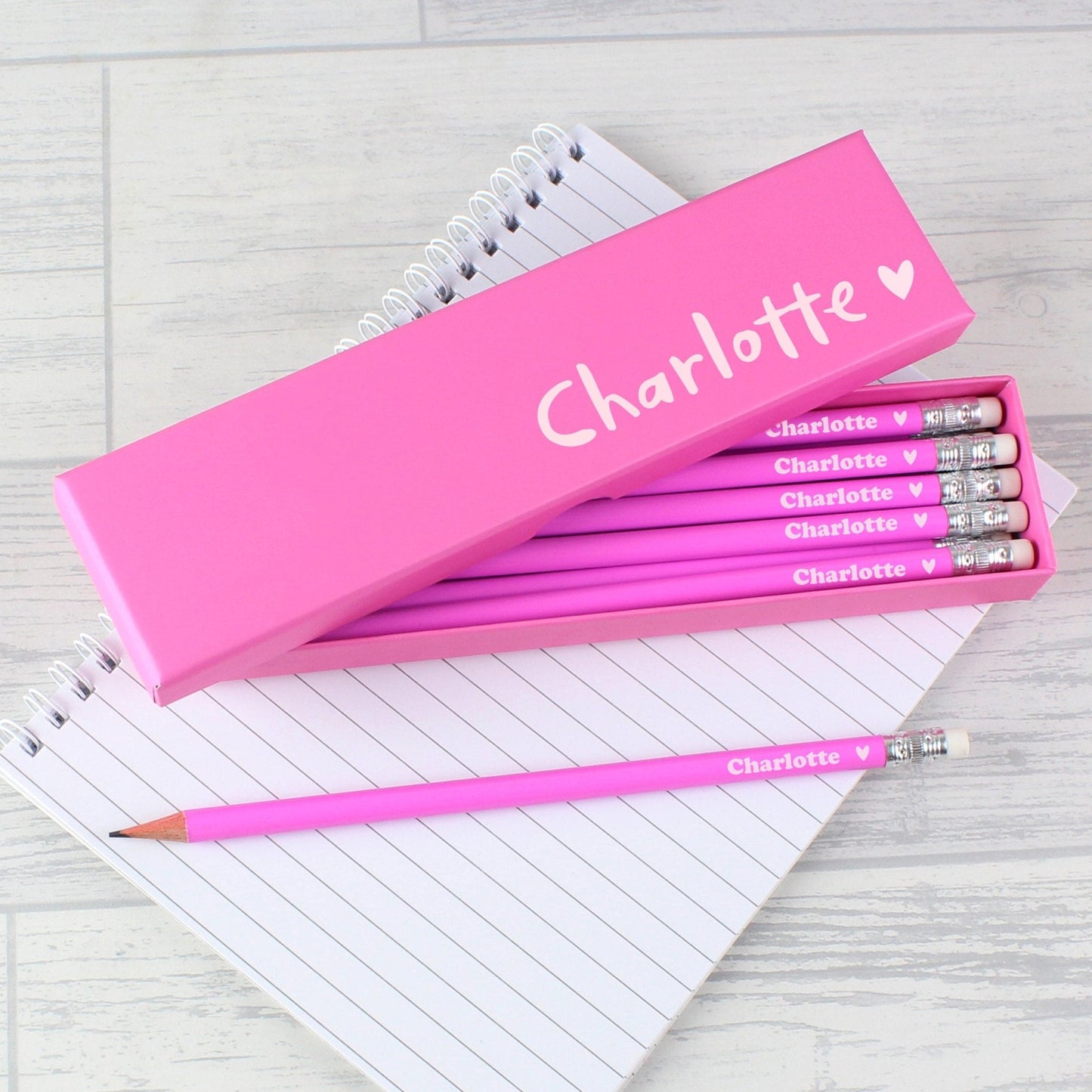 Personalised Name Heart Box and 12 Pink HB Rubber Top Pencils