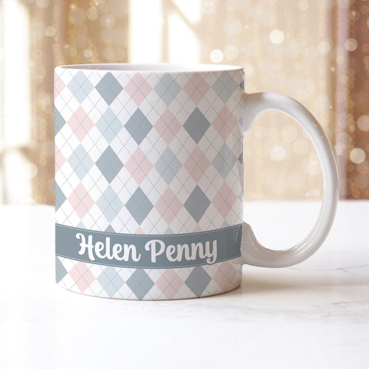 Personalised Name Pink Grey Harlequin Heaven Ceramic Mug