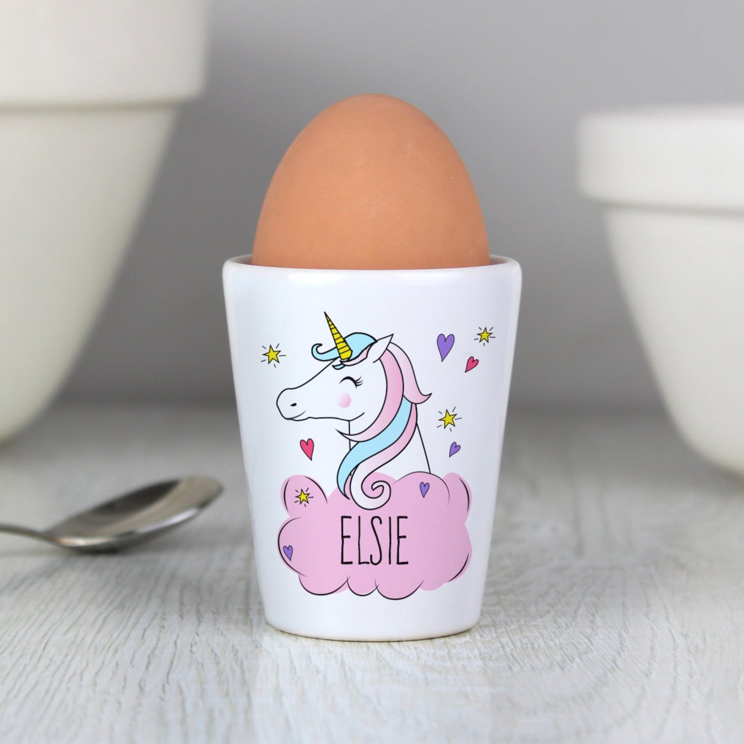 Personalised Name Pink Unicorn Ceramic Egg Cup