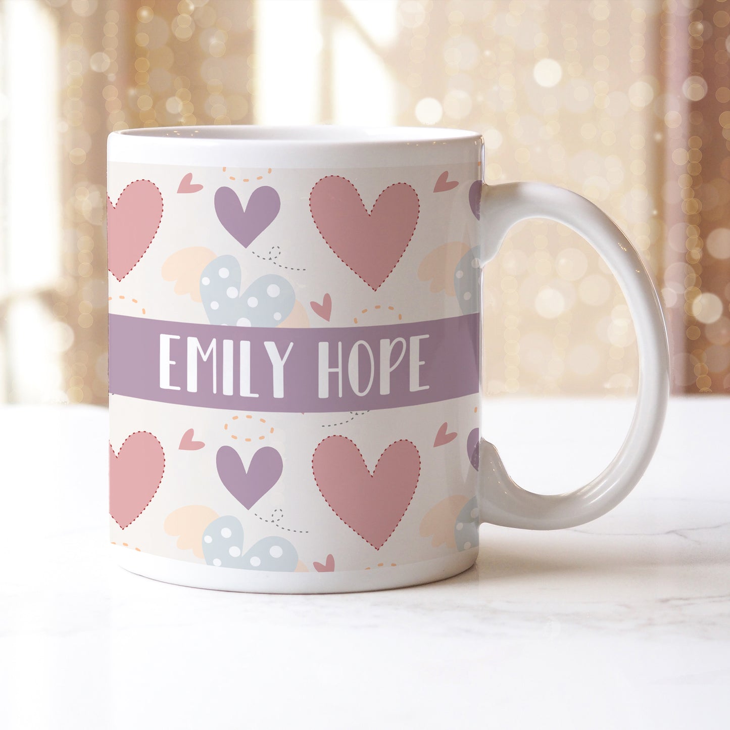Personalised Name Purple Pink Doodle Hearts Ceramic Mug