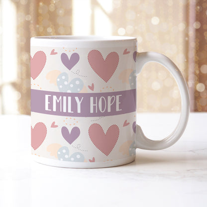 Personalised Name Purple Pink Doodle Hearts Ceramic Mug