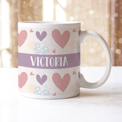 Personalised Name Purple Pink Doodle Hearts Ceramic Mug