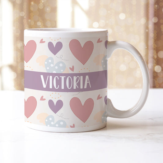 Personalised Name Purple Pink Doodle Hearts Ceramic Mug