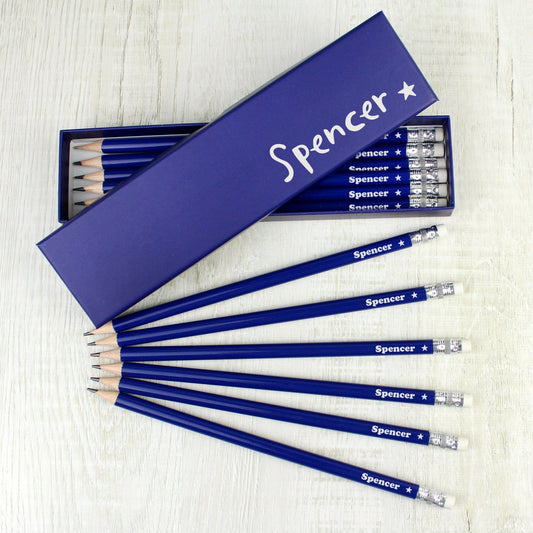 Personalised Name Star Box and 12 Blue HB Rubber Top Pencils