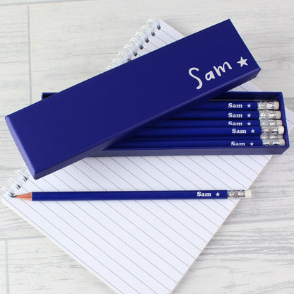 Personalised Name Star Box and 12 Blue HB Rubber Top Pencils