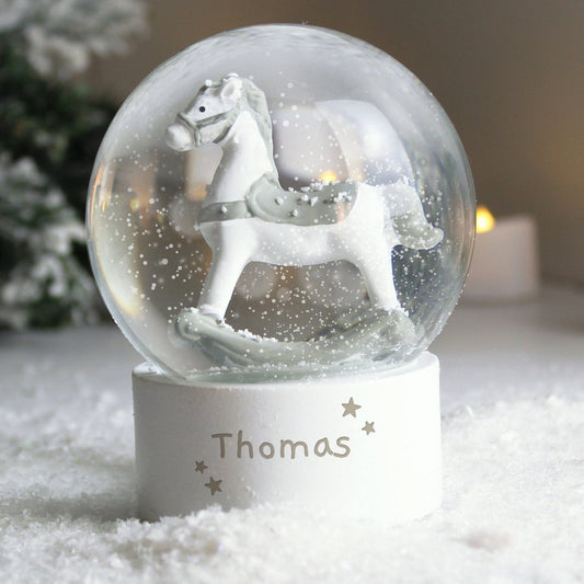 Personalised Name White Rocking Horse Snow Globe - Water Ball