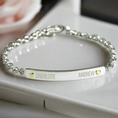 Personalised Names Sterling Silver and 9ct Gold Bar Bracelet with Gift Box
