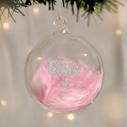 Personalised Pink Feather Silver Heart Glass Bauble Christmas Tree Decor
