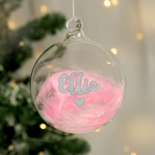 Personalised Pink Feather Silver Heart Glass Bauble Christmas Tree Decor