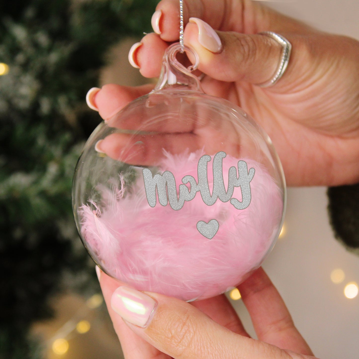 Personalised Pink Feather Silver Heart Glass Bauble Christmas Tree Decor