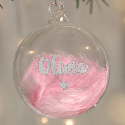 Personalised Pink Feather Silver Heart Glass Bauble Christmas Tree Decor