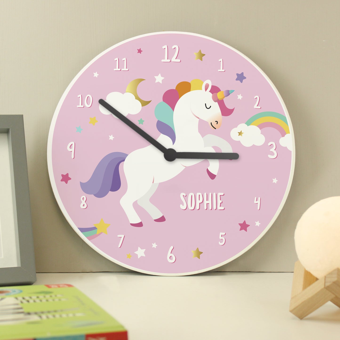 Personalised Pink Silent Wooden Kids Wall Clock - Unicorn