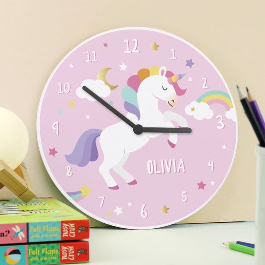 Personalised Pink Silent Wooden Kids Wall Clock - Unicorn