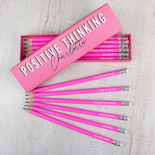 Personalised Positive Thinking Box and 12 Pink HB Rubber Top Pencils