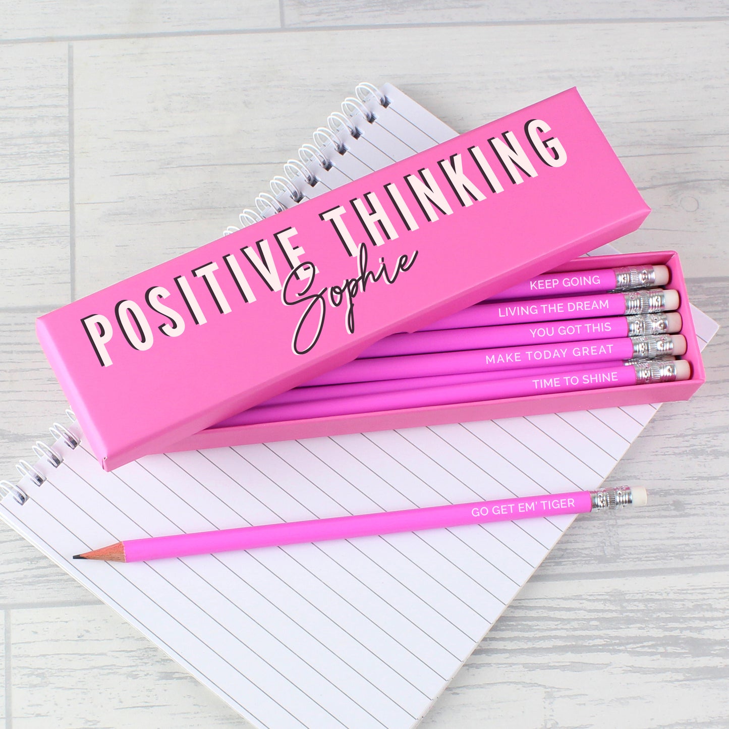 Personalised Positive Thinking Box and 12 Pink HB Rubber Top Pencils