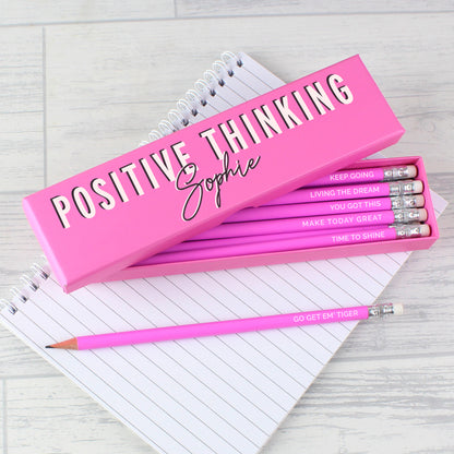Personalised Positive Thinking Box and 12 Pink HB Rubber Top Pencils