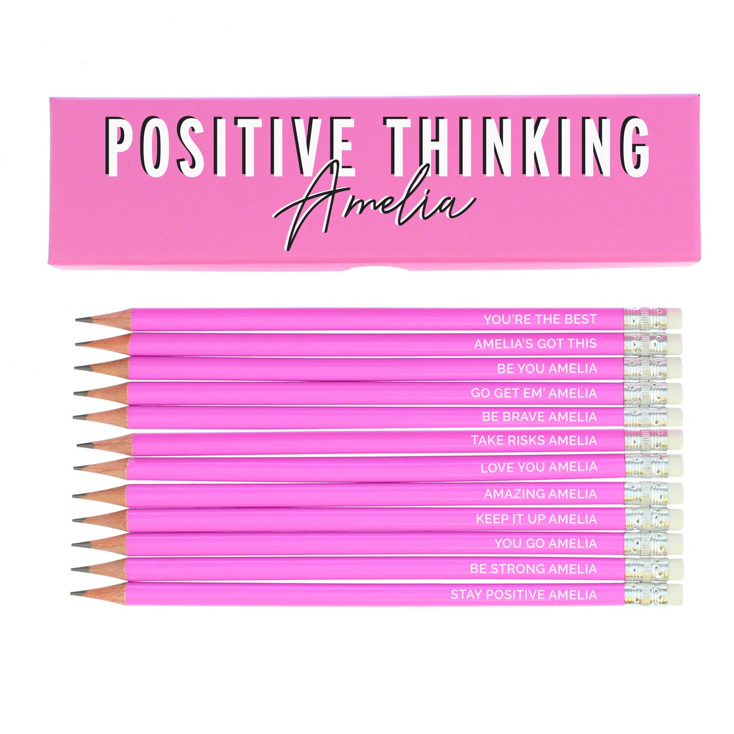 Personalised Positive Thinking Box and 12 Pink HB Rubber Top Pencils