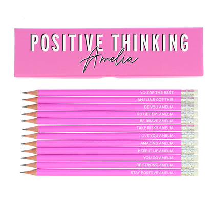 Personalised Positive Thinking Box and 12 Pink HB Rubber Top Pencils