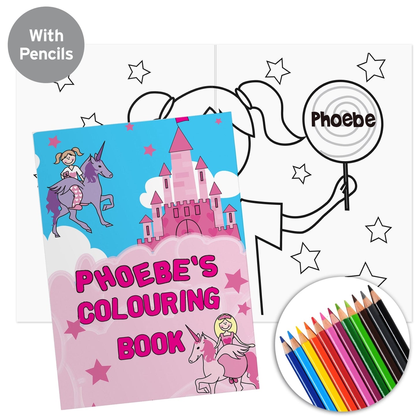 Personalised Princess & Unicorn Colouring Book with 12 Coloured Pencils