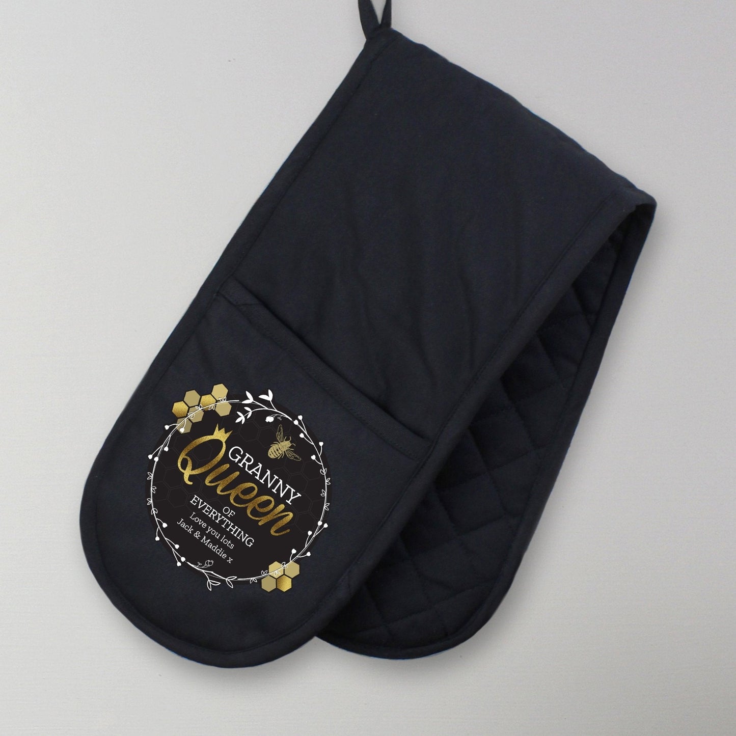 Personalised Queen Bee Black Cotton Baking Oven Gloves