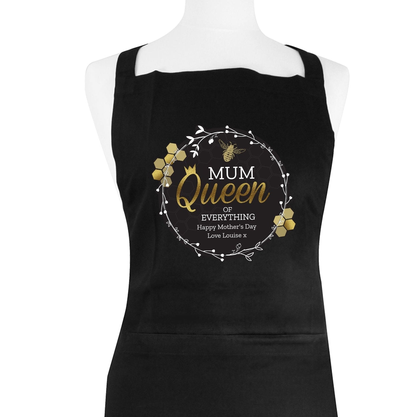 Personalised Queen Bee Design Black Cotton Apron