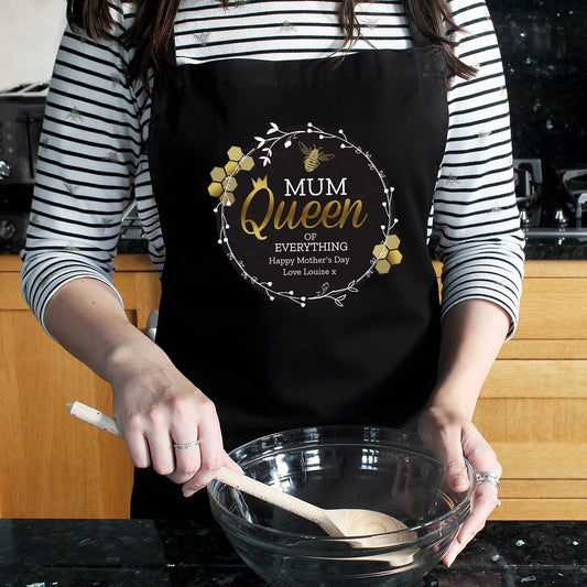 Personalised Queen Bee Design Black Cotton Apron