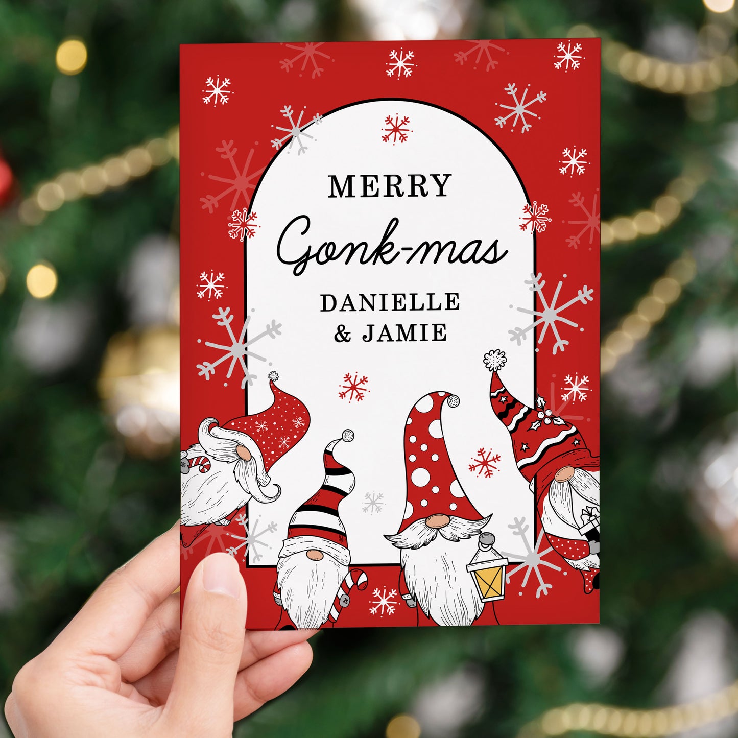 Personalised Red Gonks Gnome Christmas Card