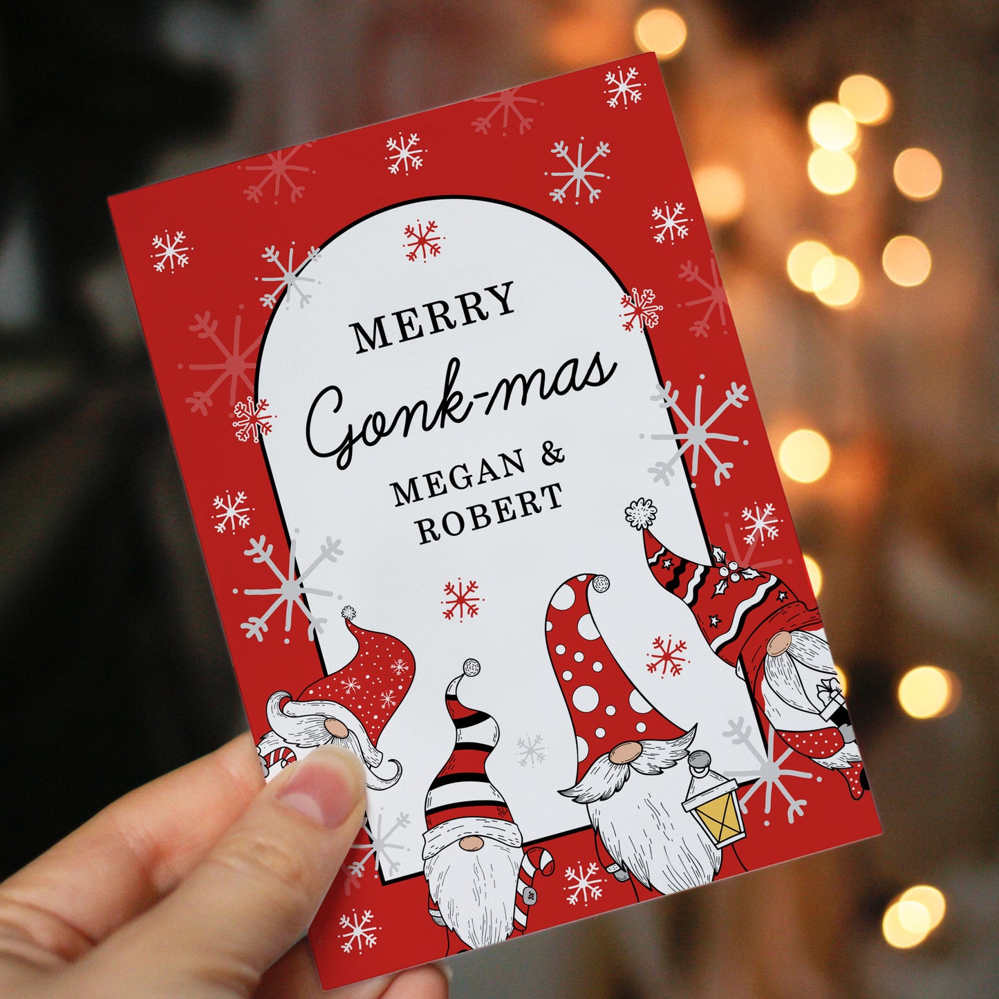 Personalised Red Gonks Gnome Christmas Card