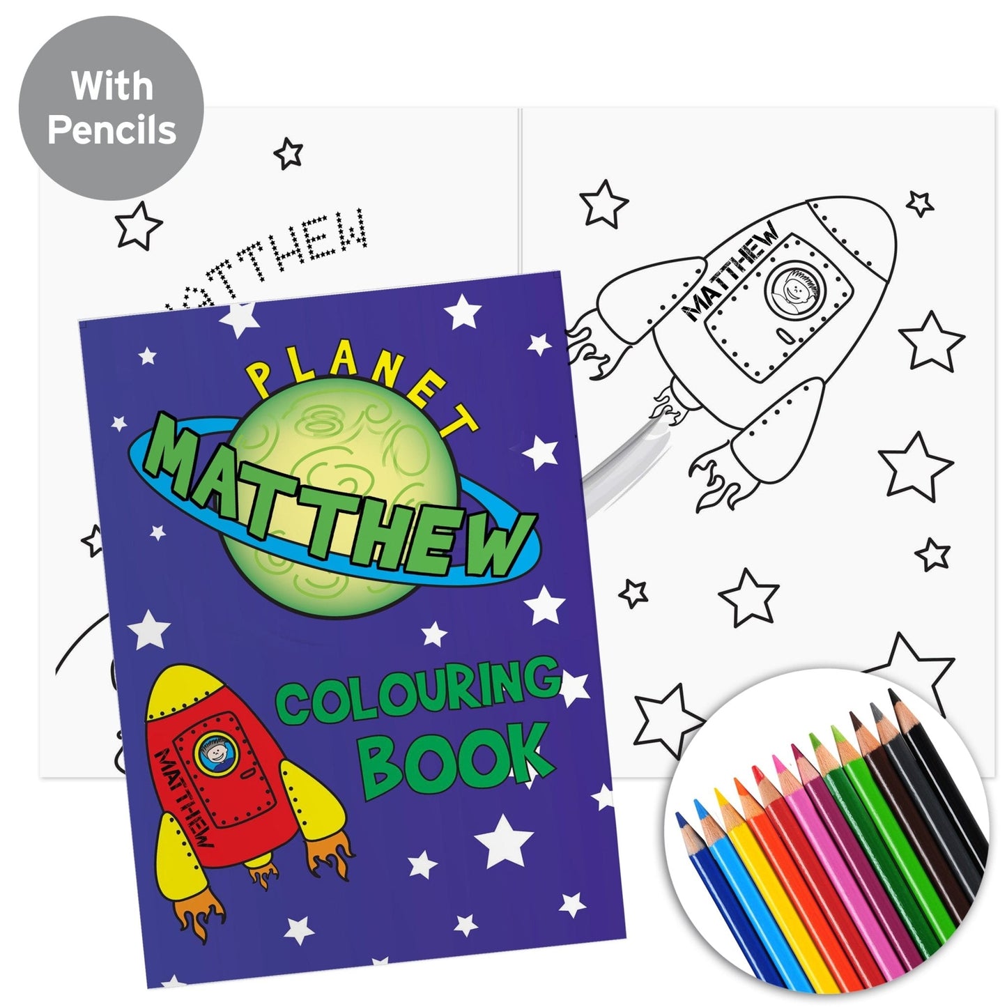 Personalised Space Rocket Colouring Book with 12 Coloured Pencils