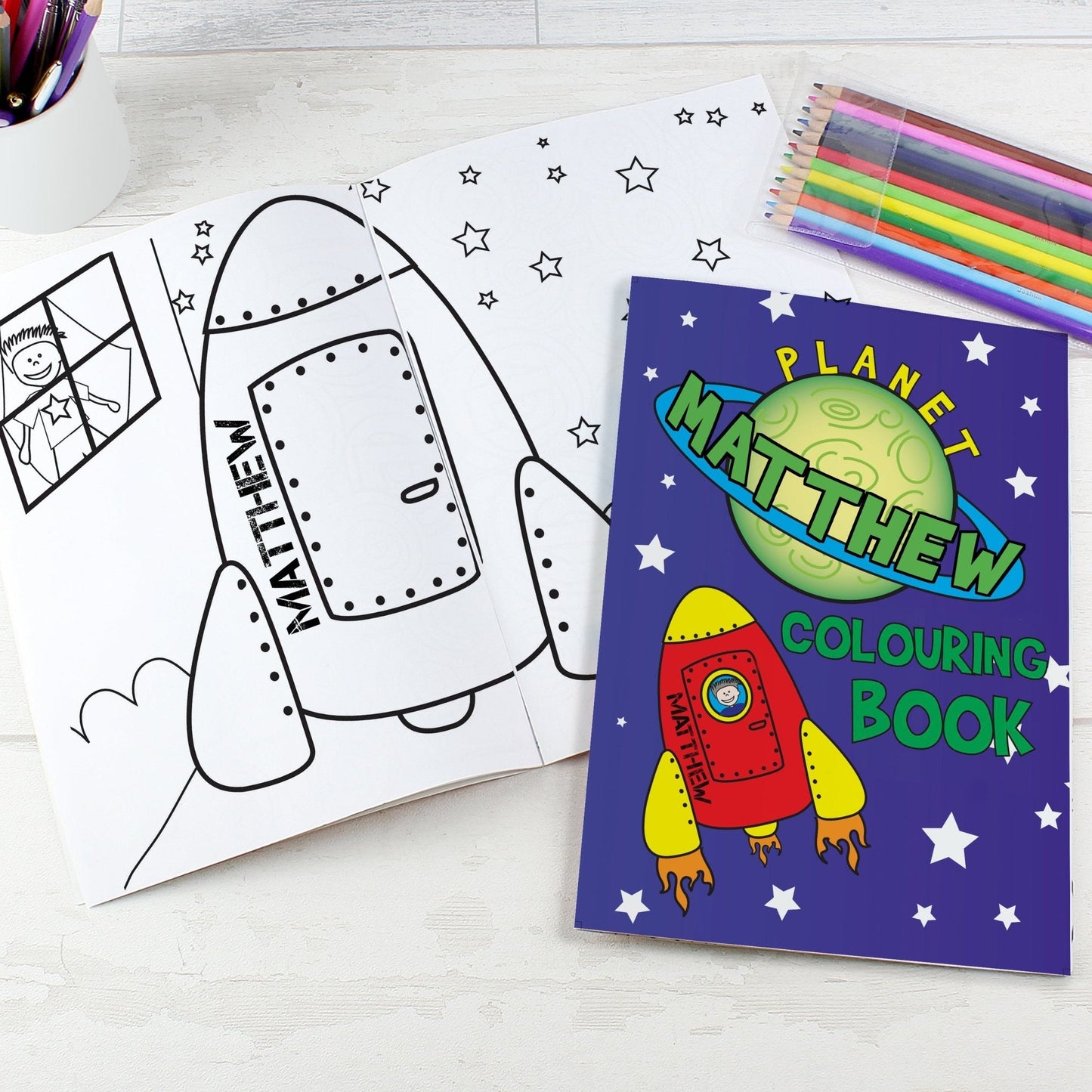 Personalised Space Rocket Colouring Book with 12 Coloured Pencils