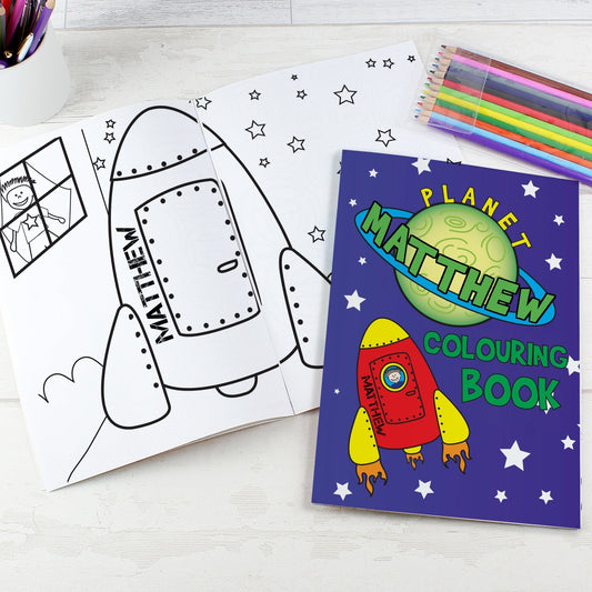 Personalised Space Rocket Colouring Book with 12 Coloured Pencils