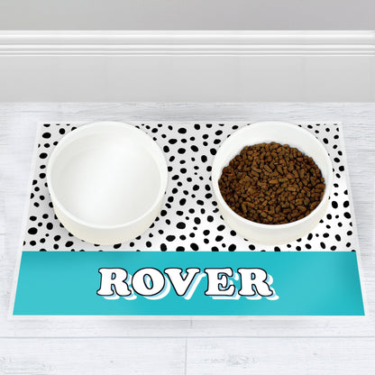 Personalised Spotty Waterproof Pet Dog Food Water Bowl Mat - Blue