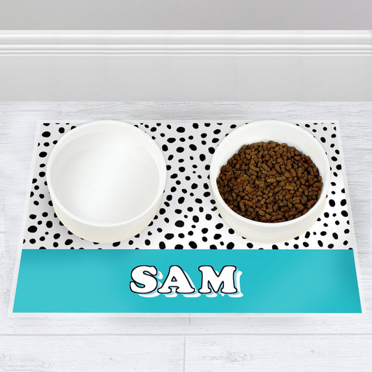 Personalised Spotty Waterproof Pet Dog Food Water Bowl Mat - Blue