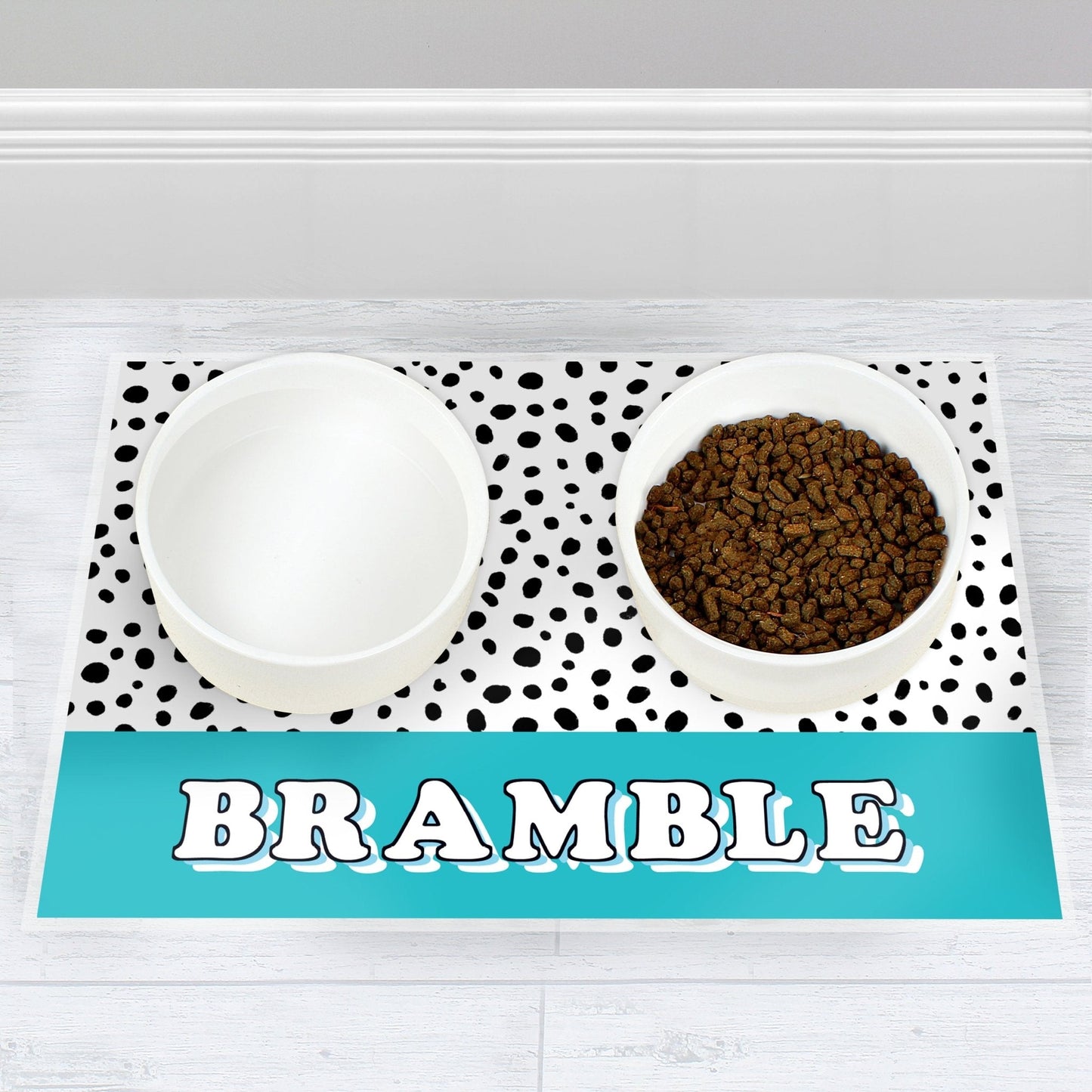 Personalised Spotty Waterproof Pet Dog Food Water Bowl Mat - Blue