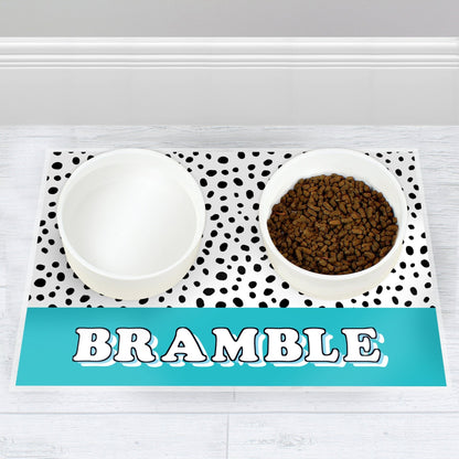 Personalised Spotty Waterproof Pet Dog Food Water Bowl Mat - Blue