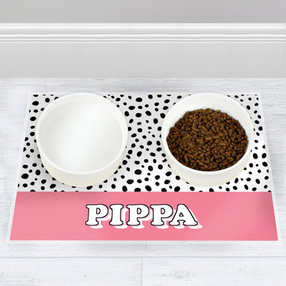 Personalised Spotty Waterproof Pet Dog Food Water Bowl Mat - Pink
