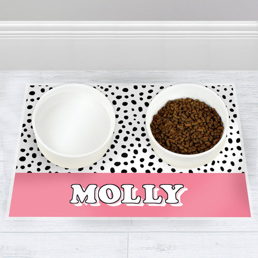 Personalised Spotty Waterproof Pet Dog Food Water Bowl Mat - Pink